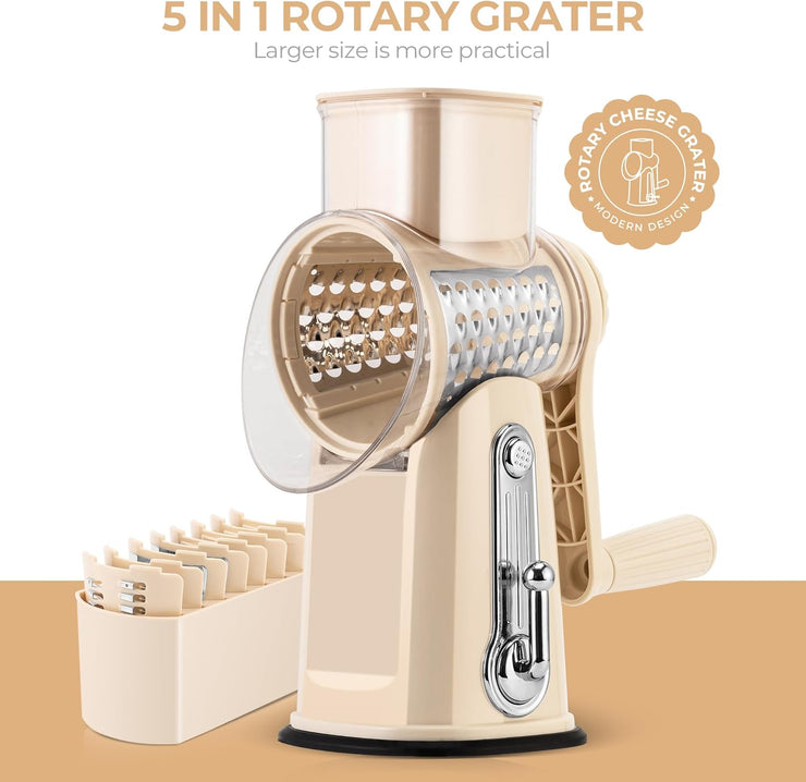 Rotary Cheese Grater with Handle - Vegetable Shredder with 5 Well-Designed Blades & Strong Suction Base,Round Mandoline Slicer & Food Chopper for Kitchen,With Blade Storage Box(Beige)