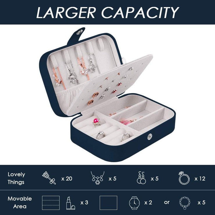 Travel Jewelry Organizer,Pu Leather Travel Jewelry Case,Double Layer Small Jewelry Box for Women Girls,Jewelry Organizer Box for Necklace,Ring,Earring (Navy Blue)