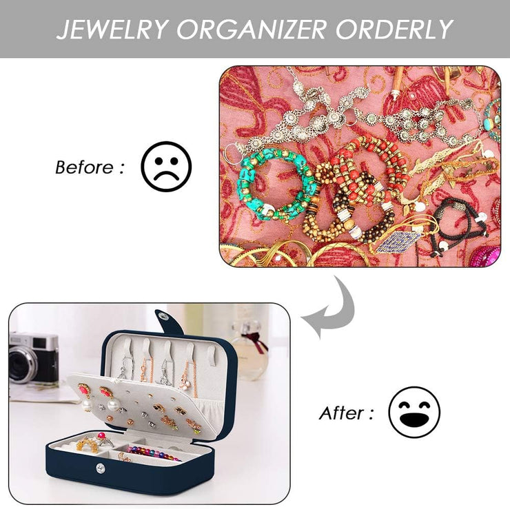 Travel Jewelry Organizer,Pu Leather Travel Jewelry Case,Double Layer Small Jewelry Box for Women Girls,Jewelry Organizer Box for Necklace,Ring,Earring (Navy Blue)