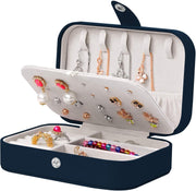 Travel Jewelry Organizer,Pu Leather Travel Jewelry Case,Double Layer Small Jewelry Box for Women Girls,Jewelry Organizer Box for Necklace,Ring,Earring (Navy Blue)